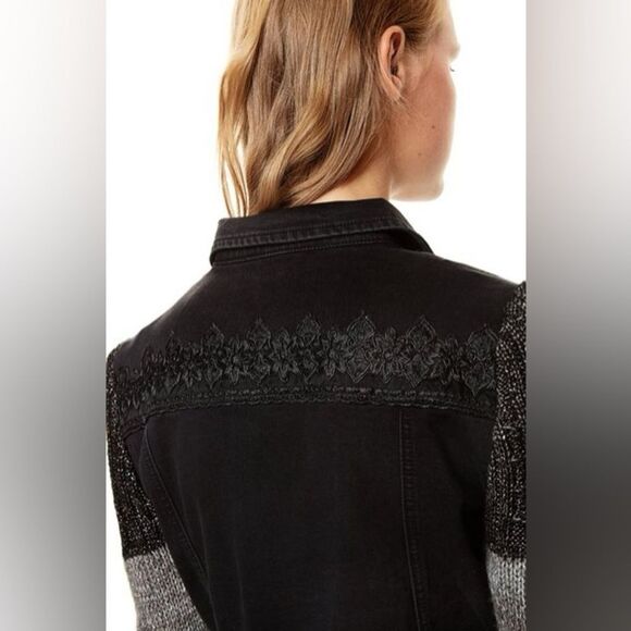 Desigual Exotic Black Denim Knit Sleeve Fur Cuff Embellished Jacket - Picture 2 of 9